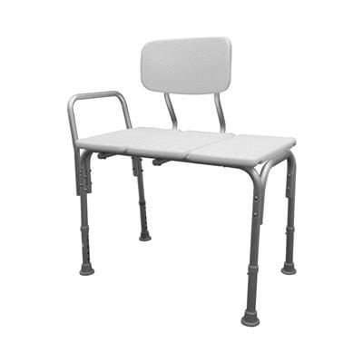 K Care Deluxe bath transfer bench with white moulded seat, removable backrest and aluminium frame