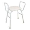 Staebel shower stool with white moulded plastic seat, integrated arms and aluminium frame