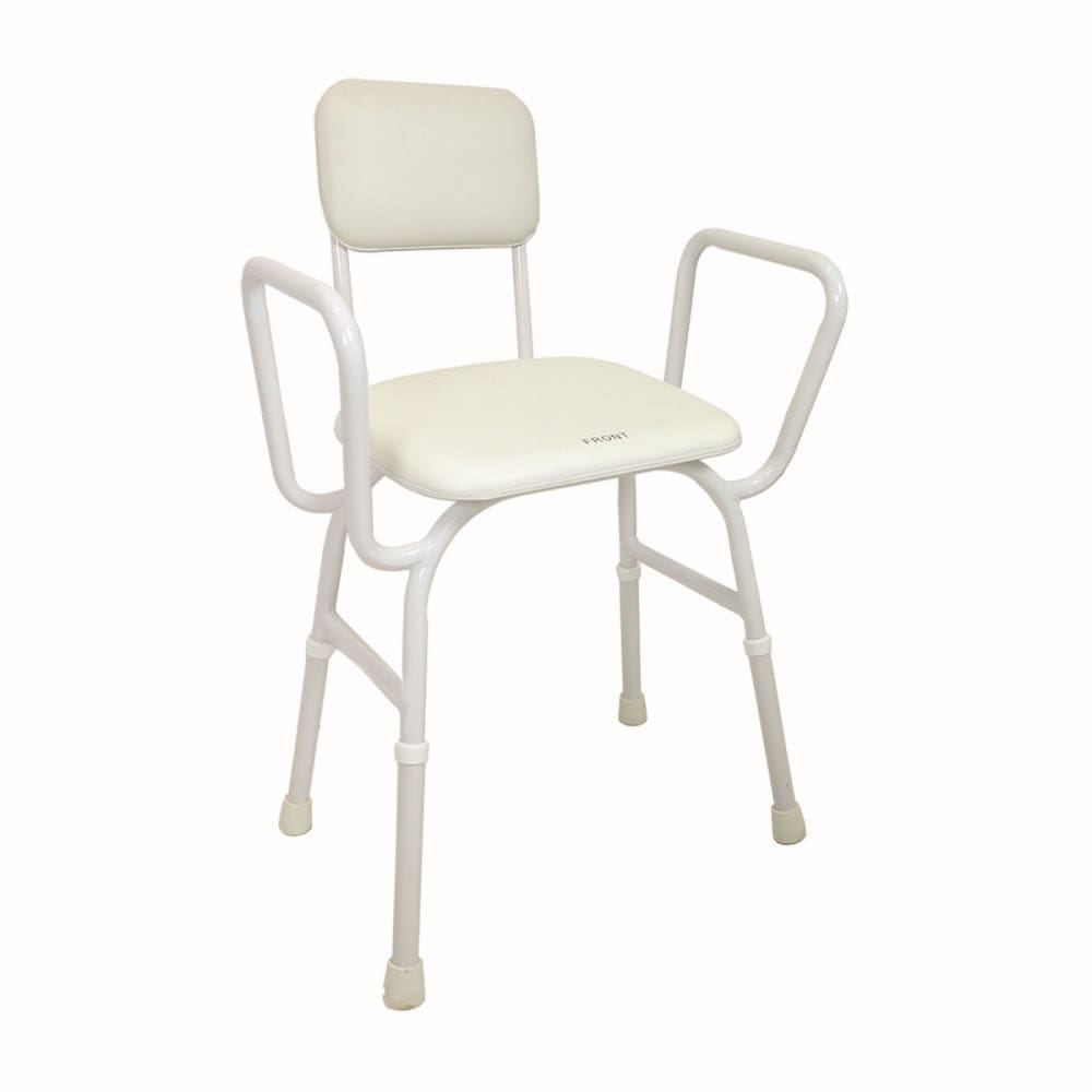 Shower Stool - Padded seat and back, adj height, armrests