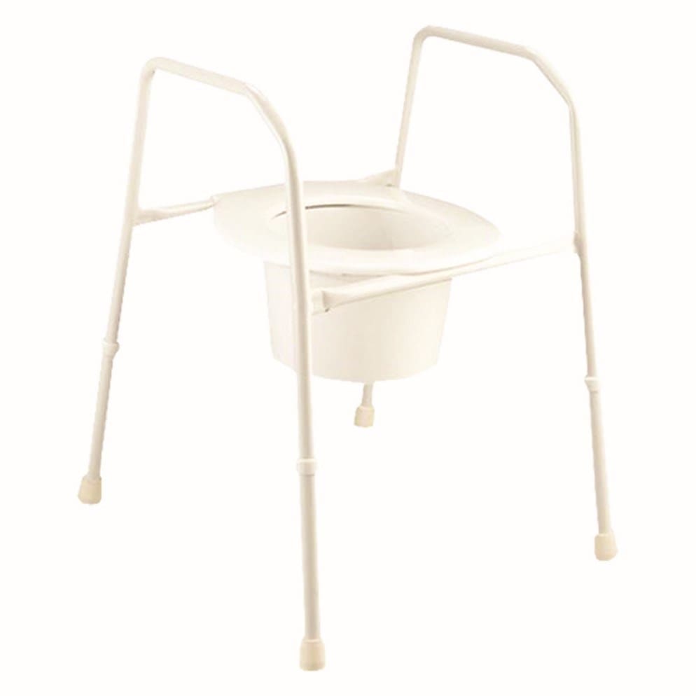 Staebel aluminium over toilet frame with lift up plastic seat, arms and splash guard