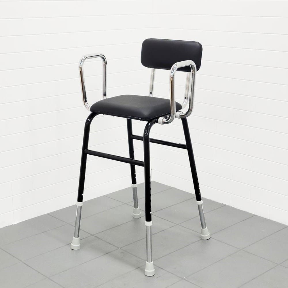 K Care kitchen perching stool with padded angled seat, padded backrest and removable armrests