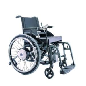 Alber e-fix E35 power add-on with motorised 24 inch wheels fitted to a manual wheelchair