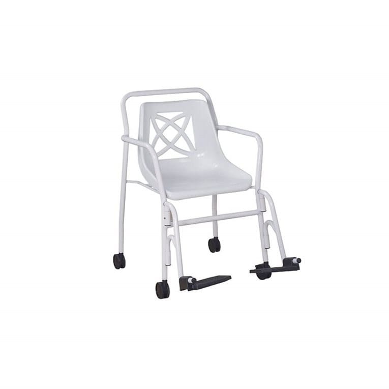 BE Shower Chair, Fixed Height, With Wheels, Arms & Hangers