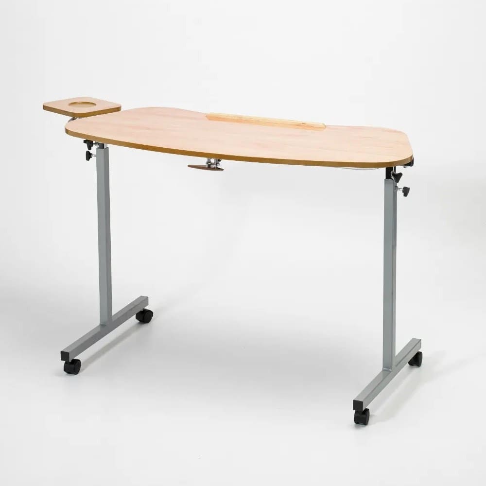 Homecraft over armchair tilting table with laminated teak top and separate side table