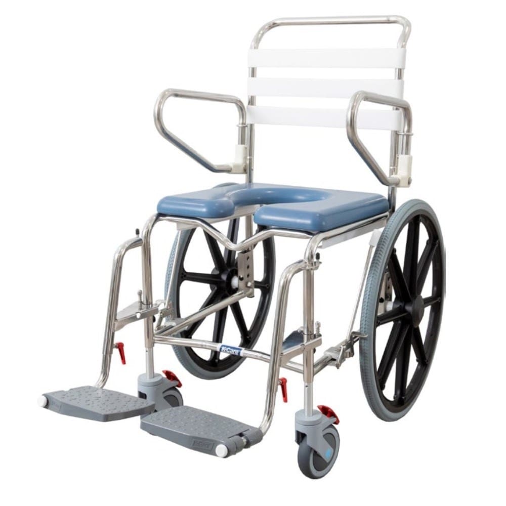 K Care height adjustable self propel mobile shower commode with stainless steel frame and 22 inch wheels