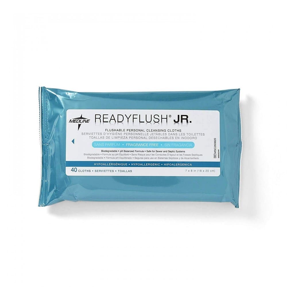 Medline ReadyFlush Jr Flushable Wipes, Fragrance Free, 40 Pack