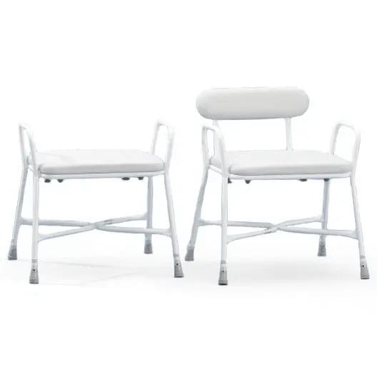 Homecraft Sherwood Plus bariatric perching stool with padded vinyl seat, padded back and tubular arms