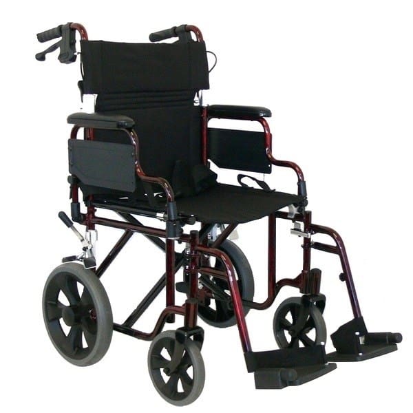 Red Gum Transport Chair Deluxe With Folding Backrest, Rev Armrests & Hand Brakes, Red