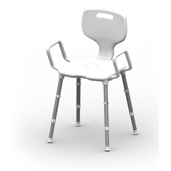 Redgum Space Saver shower chair in white with back and arm handles, anodised aluminium legs
