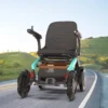 Robooter E60 Pro A folding electric wheelchair in green with omni-directional front wheels