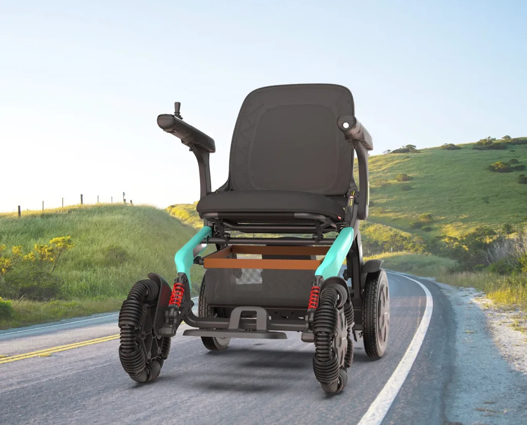 Robooter E60 Pro A folding electric wheelchair in green with omni-directional front wheels
