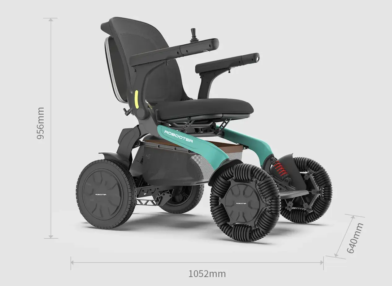 Robooter E60 Pro A folding electric wheelchair in green with omni-directional front wheels (view 3)
