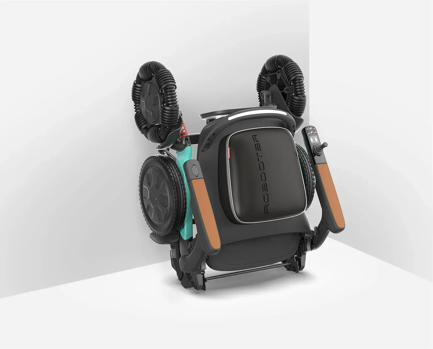 Robooter E60 Pro A folding electric wheelchair in green with omni-directional front wheels (view 4)
