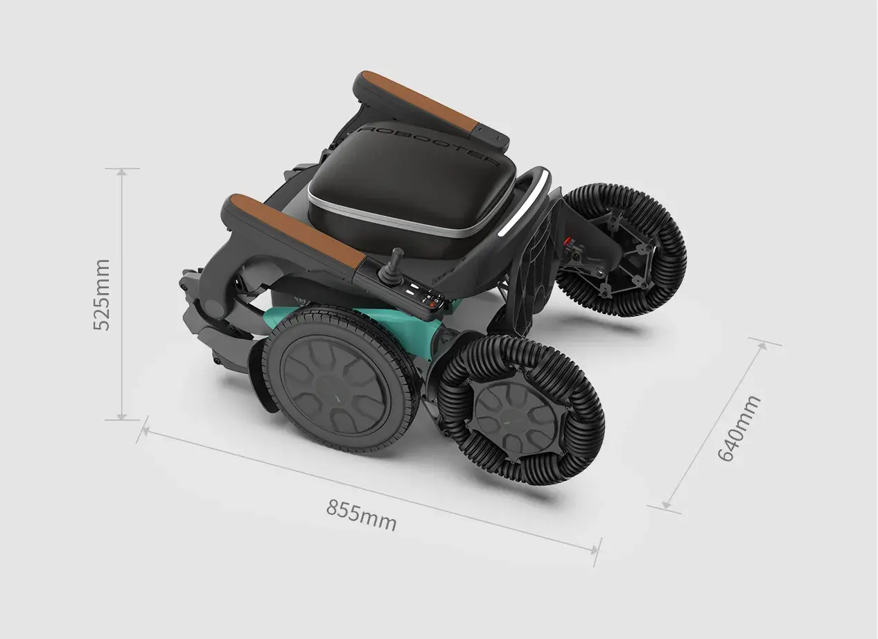 Robooter E60 Pro A folding electric wheelchair in green with omni-directional front wheels (view 5)