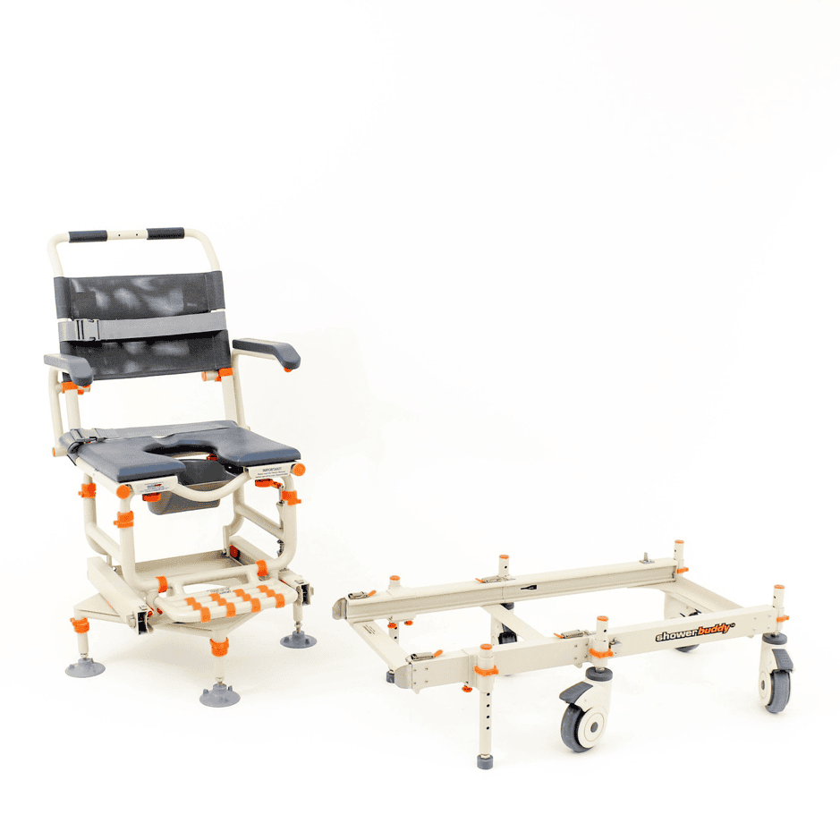 Showerbuddy SB1 shower transfer system with commode chair, rotating base and bridge