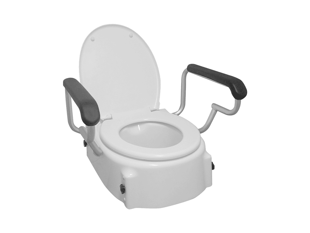 Suncare raised toilet seat with swing back arms and flip up lid, moulded plastic
