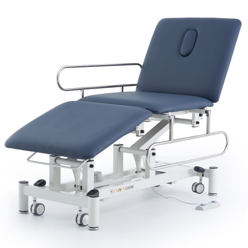 3 Section Hi Lo Electric Medical Couch with drop down side rails - 3 equal segments - Navy Blue