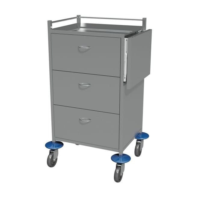 Medication Trolley, Stainless Steel, 3 Drawers, with Flip-up Shelf