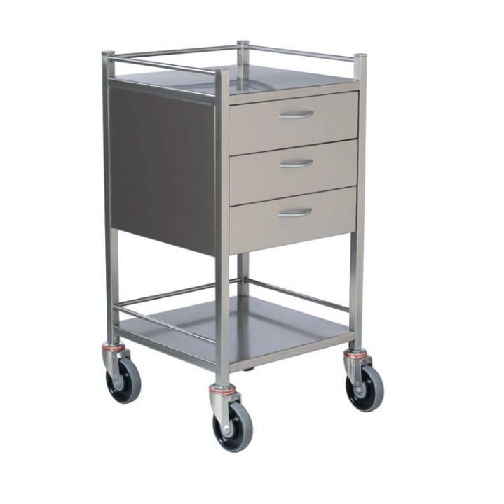 Stainless Steel Instrument Trolley, 3 Drawers, With Rail