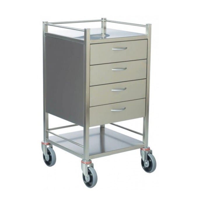 Stainless Steel Instrument Trolley, 490 x 490 x 900mm, 4 Drawers, With Rail