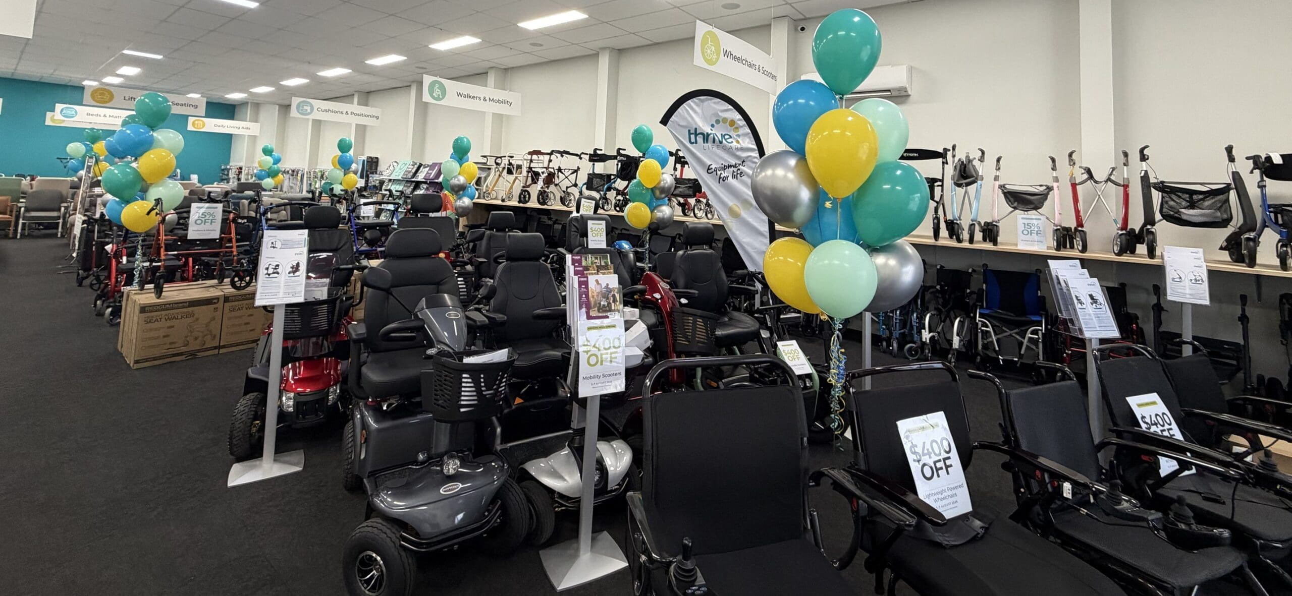 The Thrive Lifecare Launceston showroom, with walkers, wheelchairs and scooters on display
