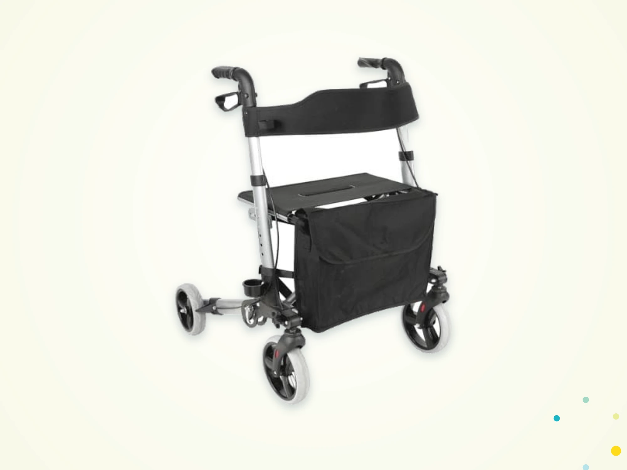 Folding four wheel rollator with seat