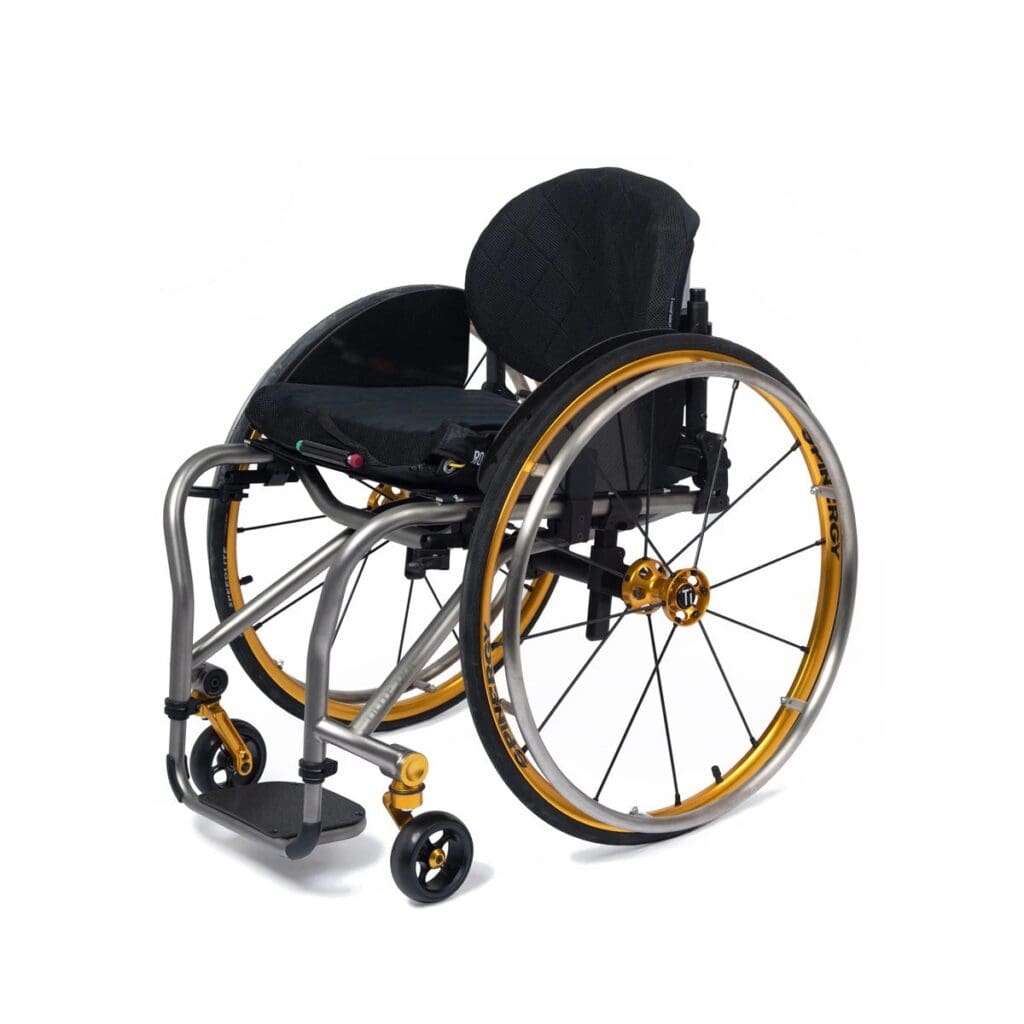 TiLite TRA titanium rigid wheelchair, three-quarter front view